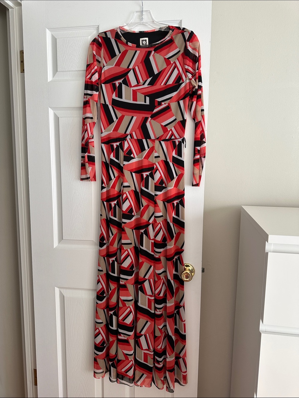 Anne Klein Geometric Print Maxi Dress in Red, Black and Cream